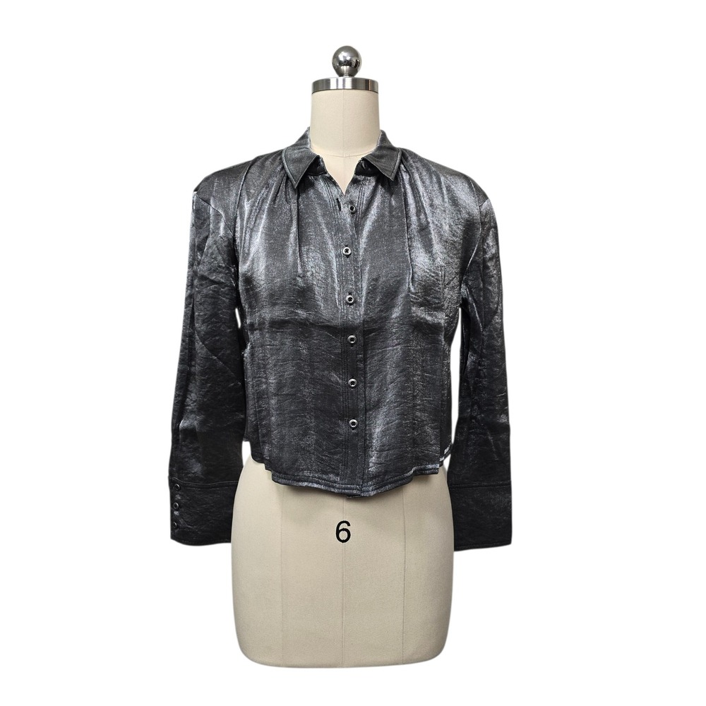 Pilcro Gunmetal Metallic Cropped Button Down Shirt Long Sleeve Petite XSP NEW